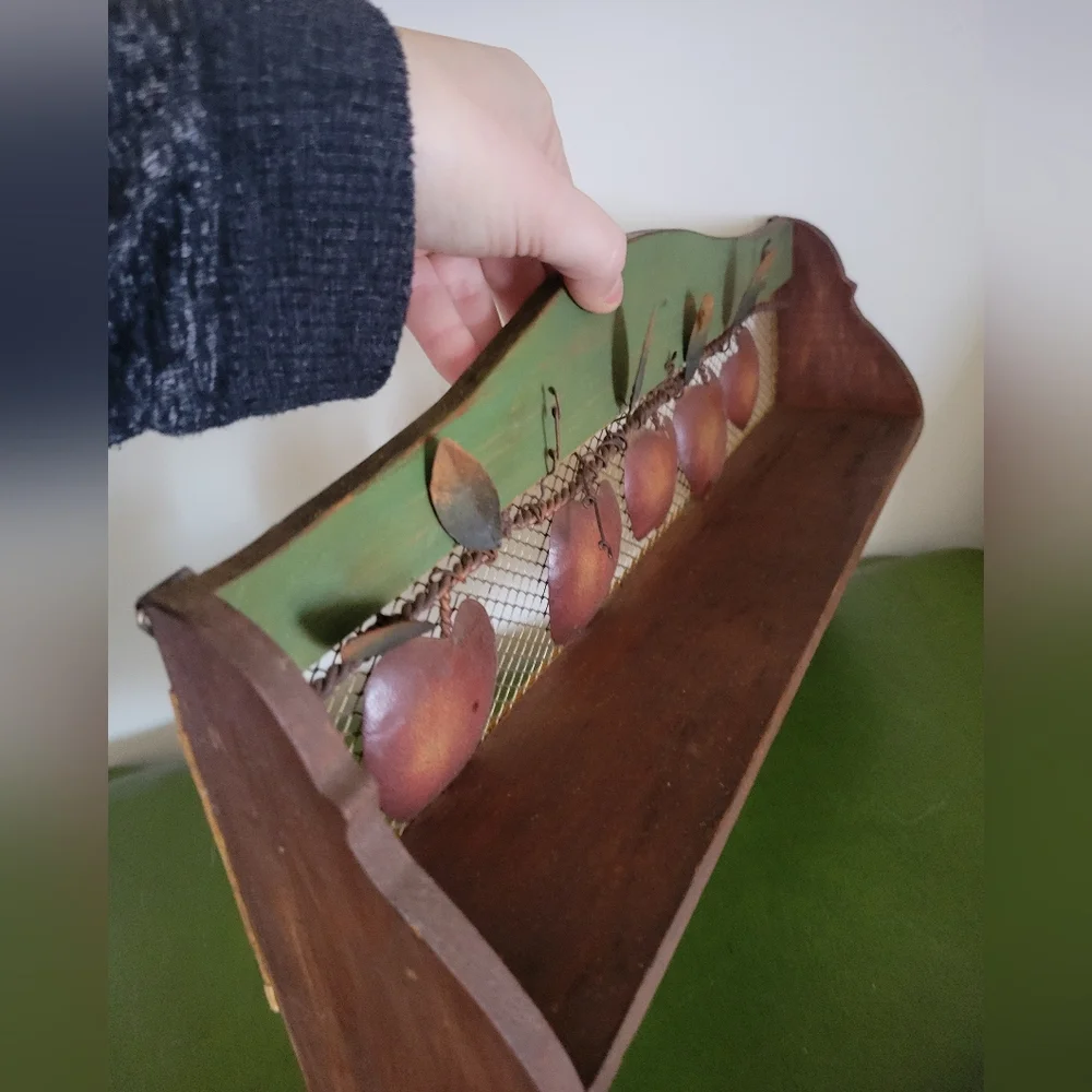 Rustic Wood & Metal Apple Wall Hook Shelf Rack - Green Burgundy Brown